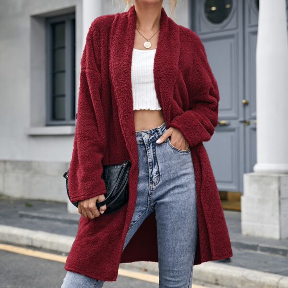 Burgundy Red teddy open front coat jacket oversized Shacket